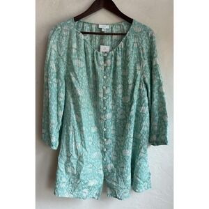 Pure Jill Button Up Tunic Top L NWT Aqua Vines Relaxed Fit Hand Block Print